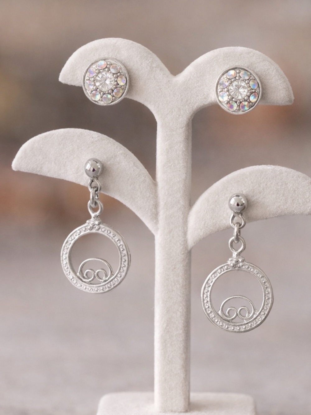 2 Pairs Silver Tone Earrings Set Rhinestone Stud & Dangle Hoop Sparkly Elegant